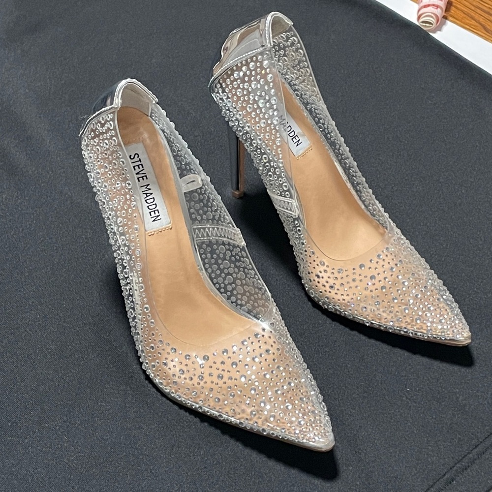 STEVE MADDEN Rhinestone Clear Plastic / Silver Stilettos High Heels 6.5 - Picture 5 of 16